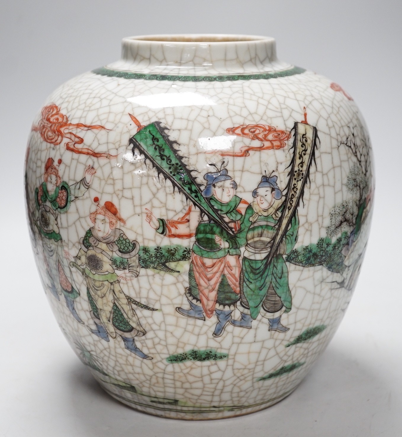 A large Chinese famille verte crackle glaze jar, late 19th century, 25cm